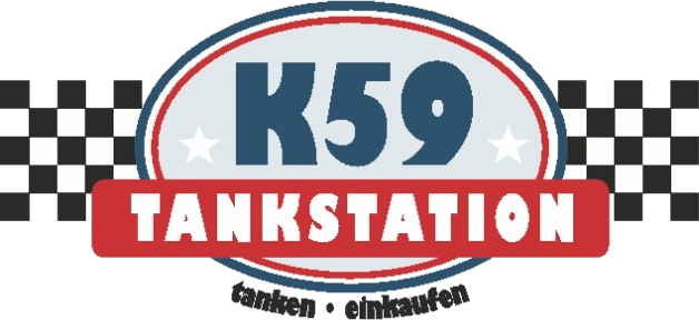 Logo der Tankstation K59 mit Zielflagge: tanken und einkaufen